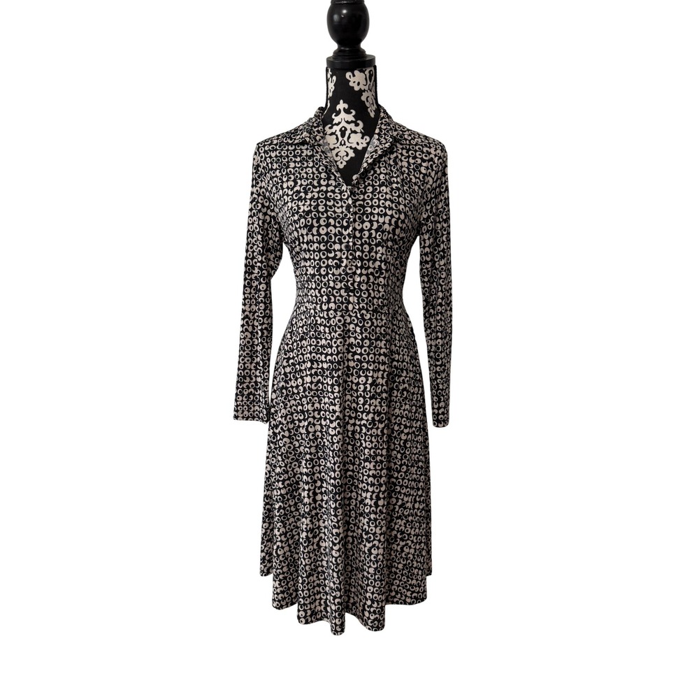 La Cera Black Cream Geometric Circle Print Long Sleeve Midi Shirt Dress Medium